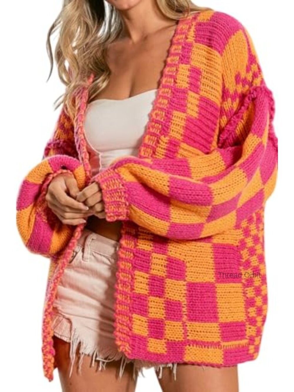 Chunky Checkered Knit Cardigan Sweater Acrylic Long Sleeve